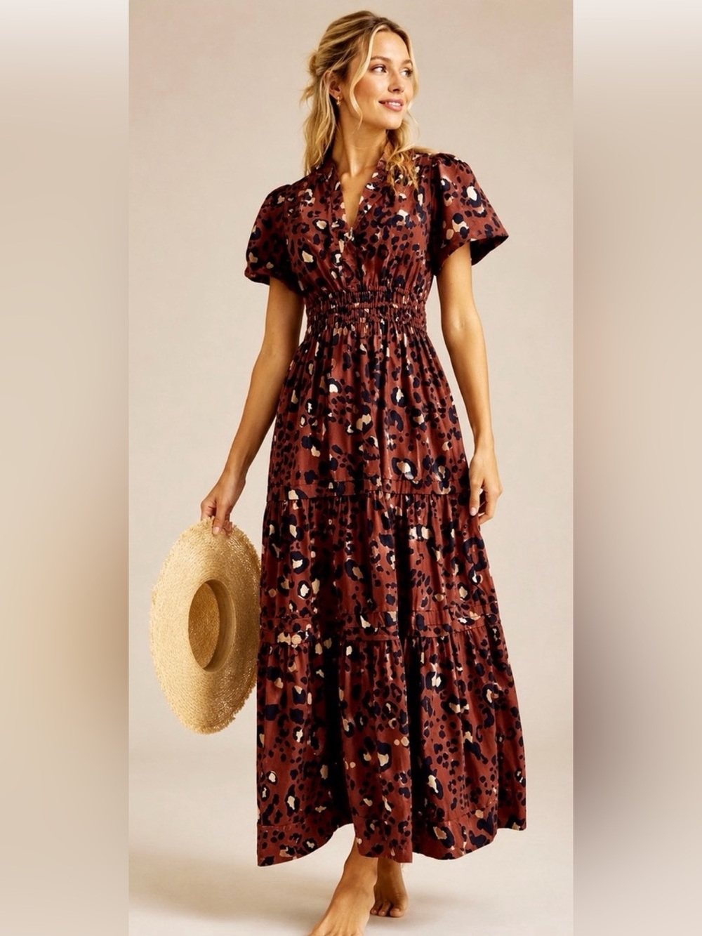 Anthropologie Maeve somerset Rust Leopard-Print Smocked-Waist Dress. Flowy,girly